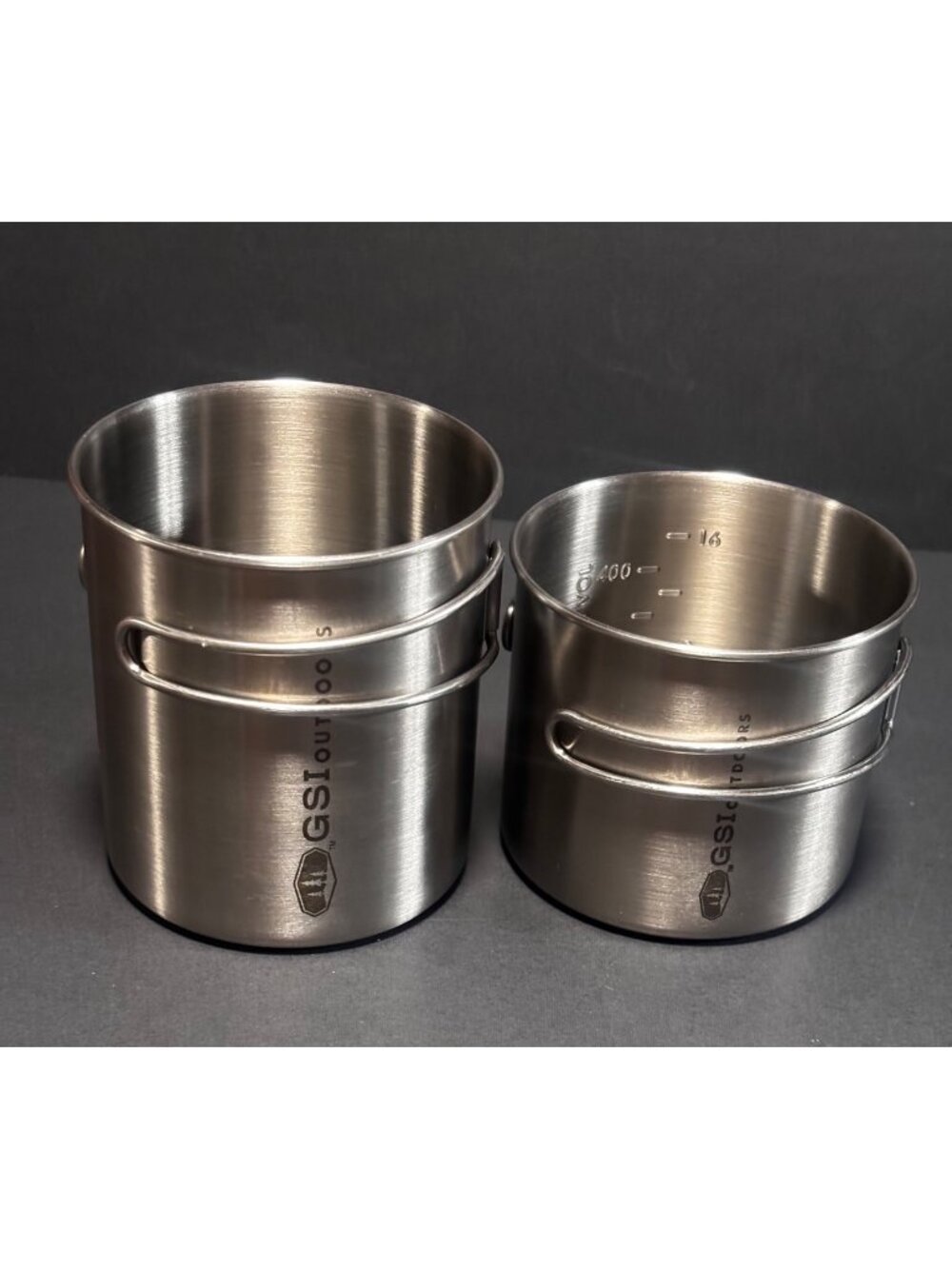 GSI Outdoors Stainless Steel Camping Mugs Set One Measuring Cup One Cook Cup
